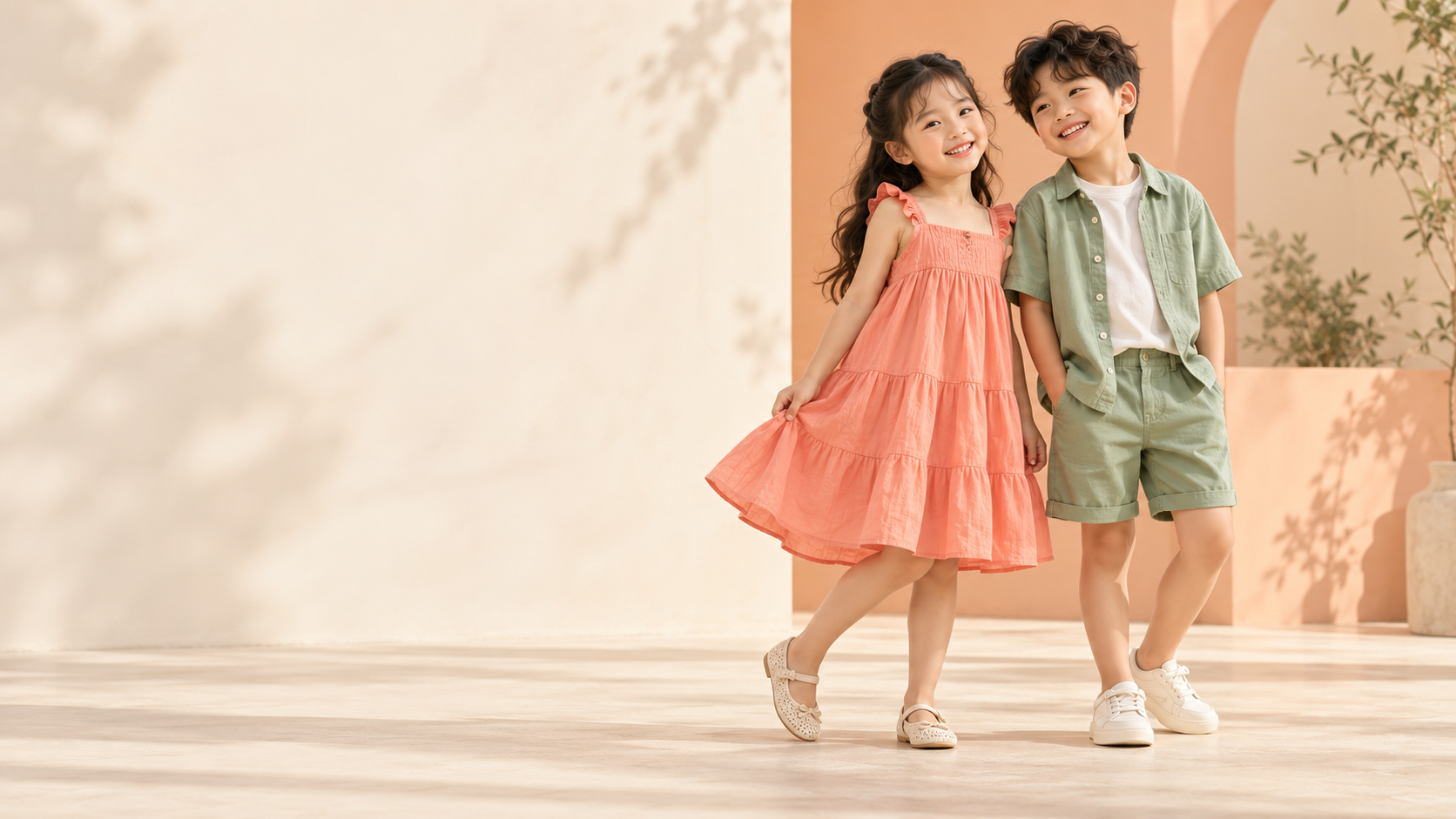 Hai bé mặc trang phục màu cam đào và xanh lá